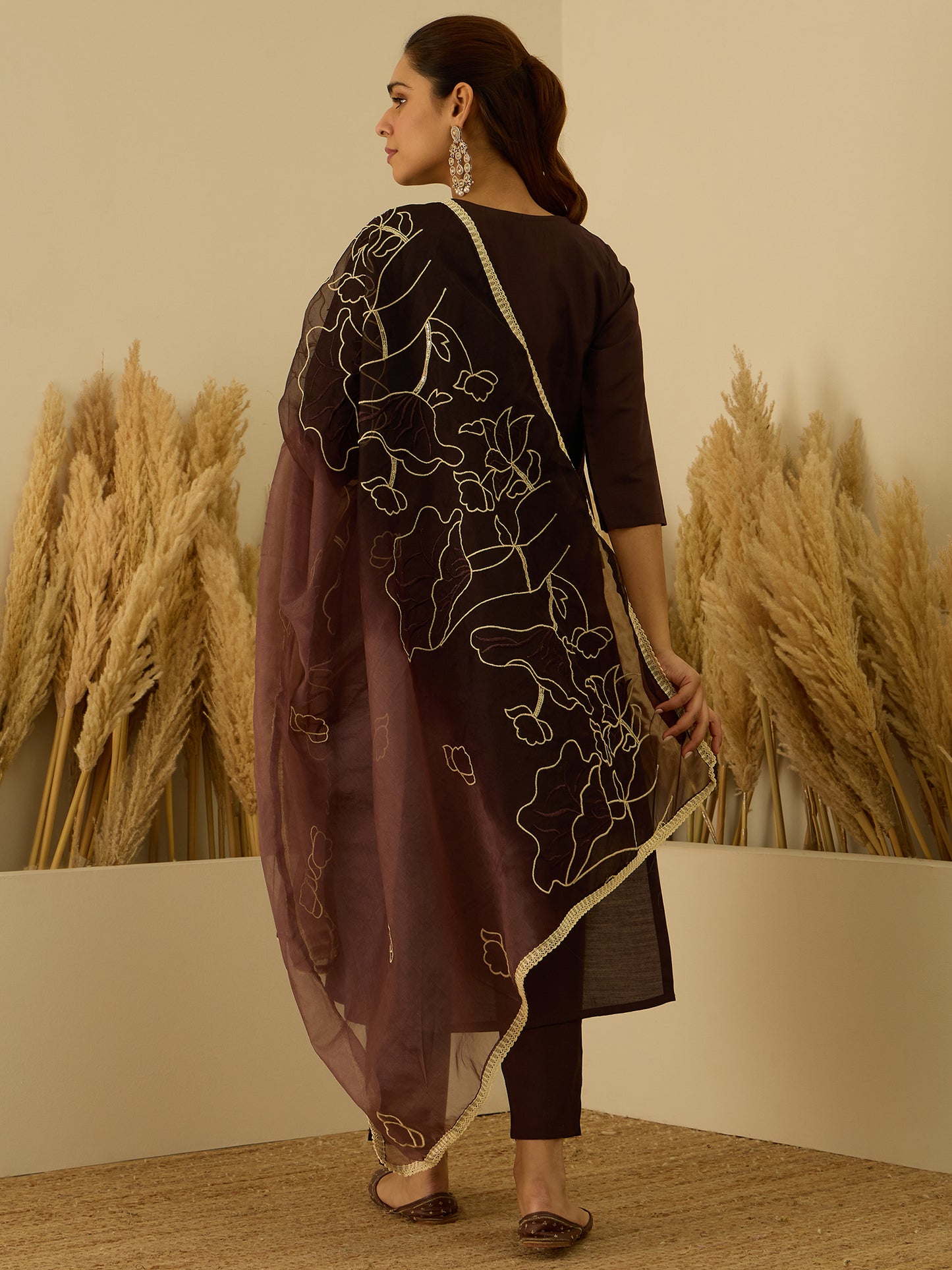 Dhiyona VV Coffee Silk Blend Embroidered with Sequins Straight Kurta Set with Trousers & Dupatta