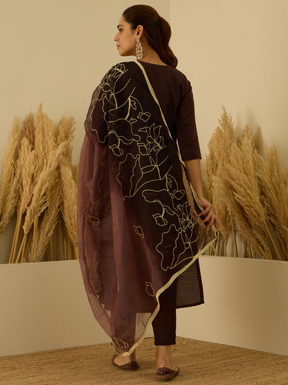 Dhiyona VV Coffee Silk Blend Embroidered with Sequins Straight Kurta Set with Trousers & Dupatta