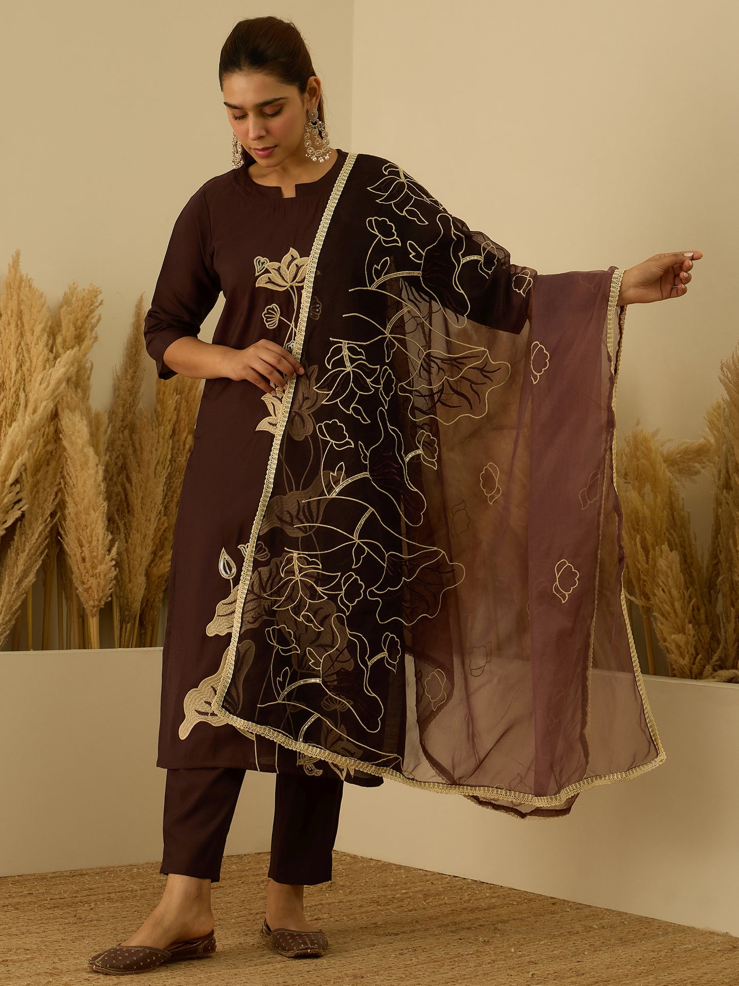 Dhiyona VV Coffee Silk Blend Embroidered with Sequins Straight Kurta Set with Trousers & Dupatta