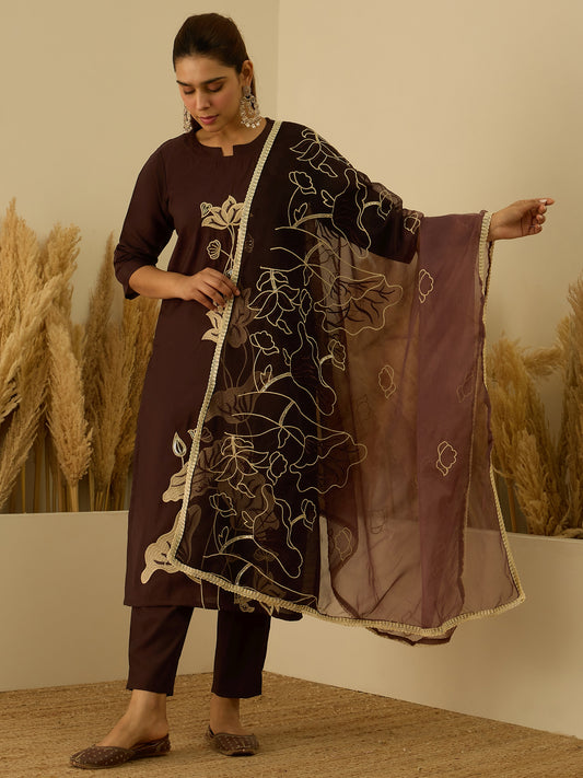 Dhiyona VV Coffee Silk Blend Embroidered with Sequins Straight Kurta Set with Trousers & Dupatta