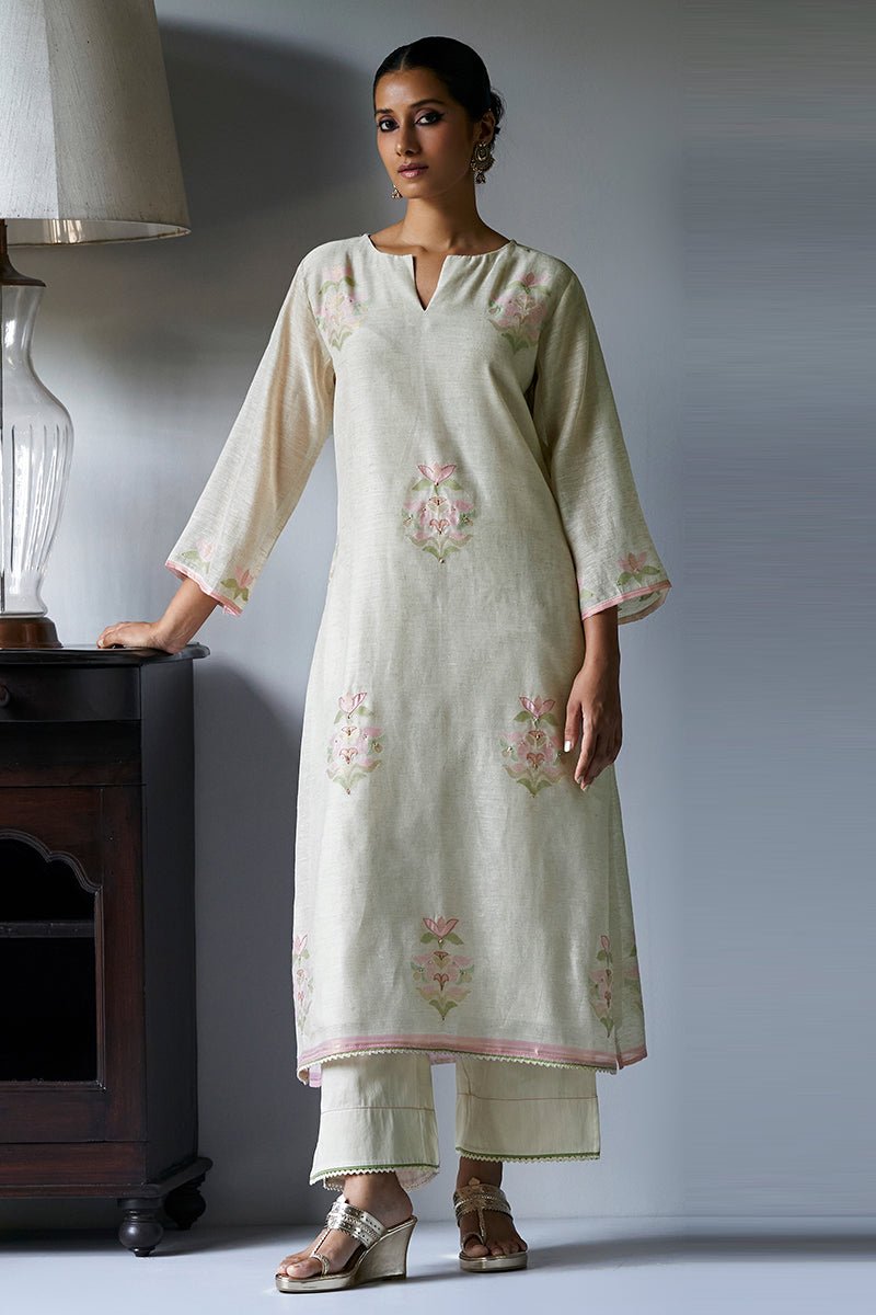 Women's Birch Cream Woven Kurta Suit Set With Hand Work Detailing