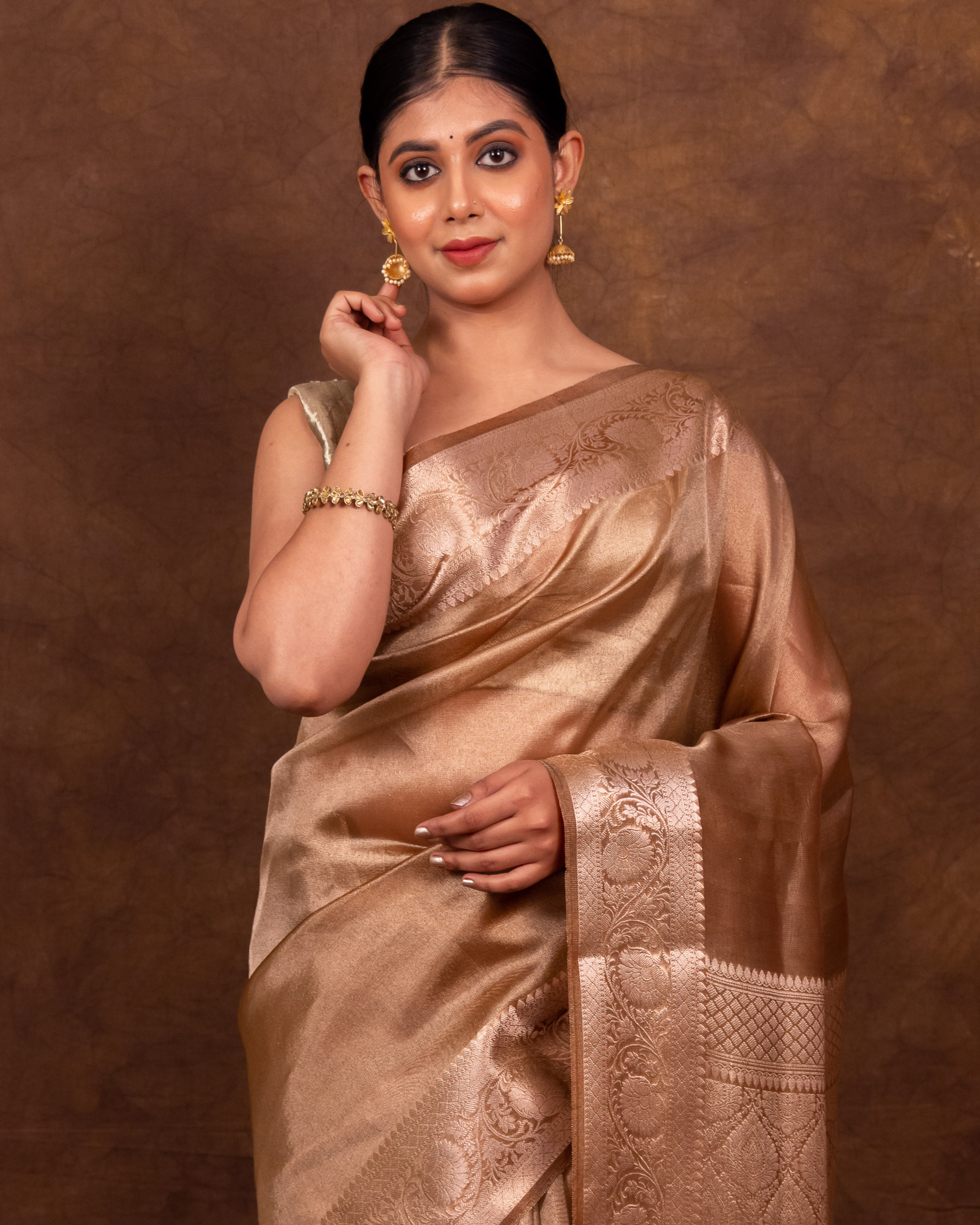 Dhiyona HH Coffee Brown Banarasi Authentic Soft Tissue Silk Saree with Rich Pallu Woven Design