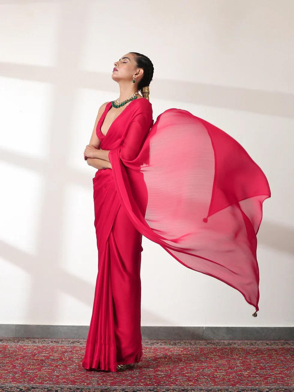 Dhiyona ST Ruby Butter Chiffon Pre-draped Saree with Self Blouse Fabric