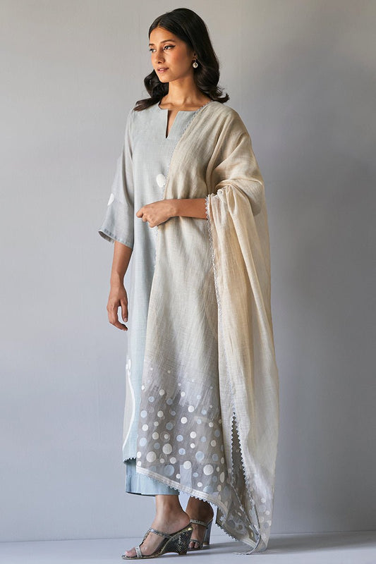 Women's Light Grey Woven Kurta With Cotton Satin Bottom