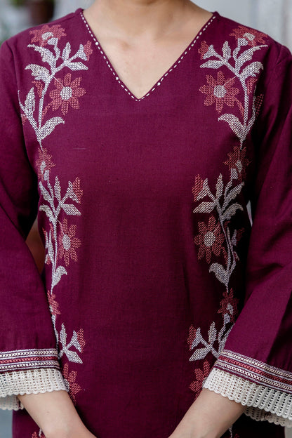 Samiha Mulberry Embroidered Cotton Kurta Pant Set