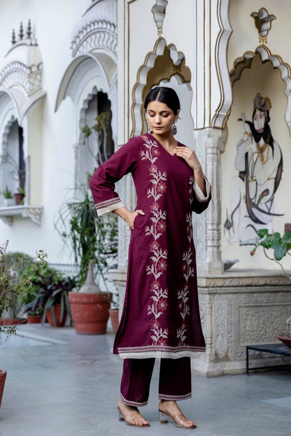 Samiha Mulberry Embroidered Cotton Kurta Pant Set