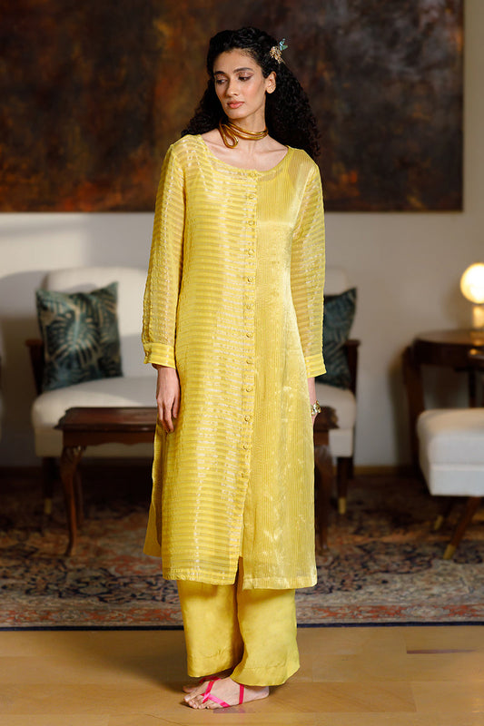 Women's Yellow Organza Zari Woven Stripe Festive Co-ord Set