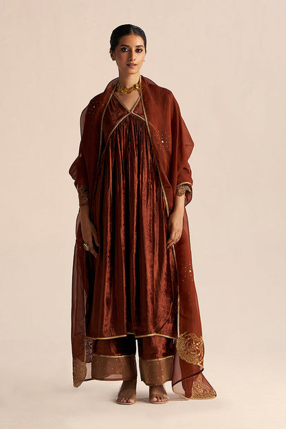 Dhiyona GF Women's Sequoia Brown Velvet Festive Kurta Set
