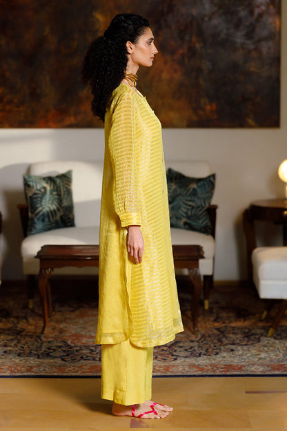 Women's Yellow Organza Zari Woven Stripe Festive Co-ord Set