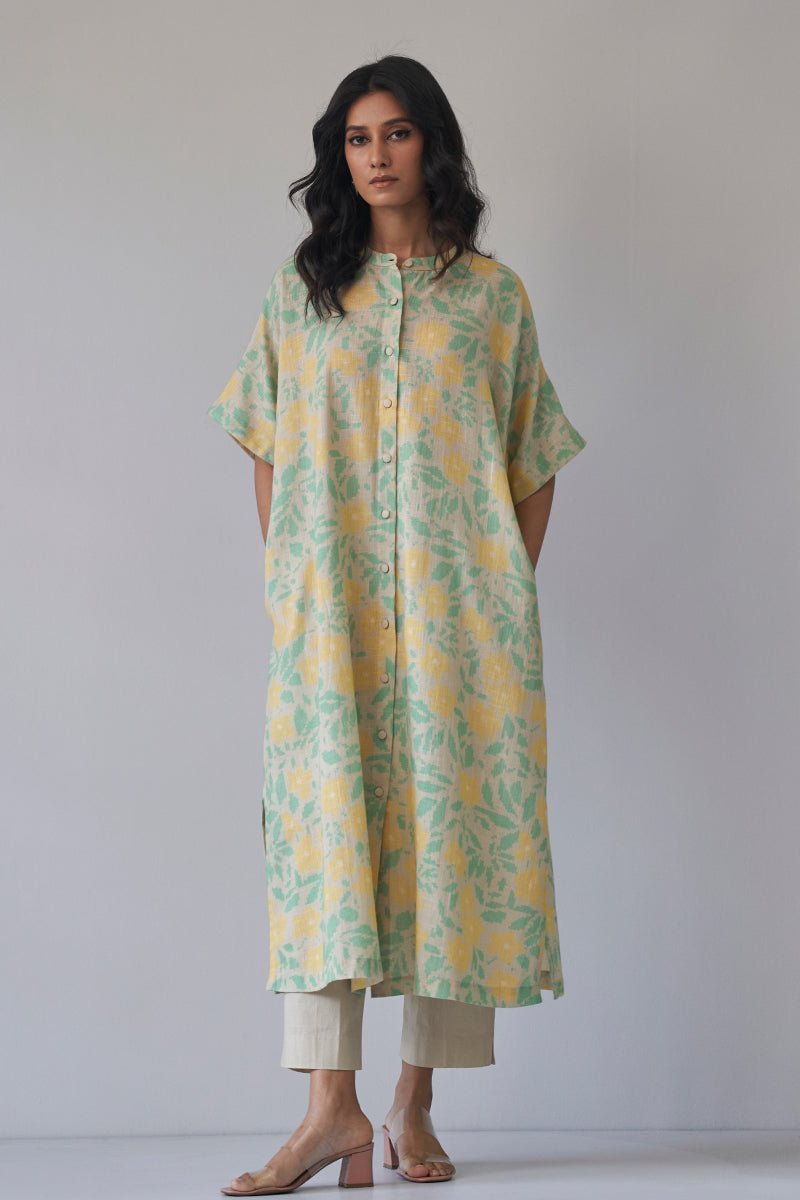 Women's Almond Milk and Green Cotton Linen Co-ord Set