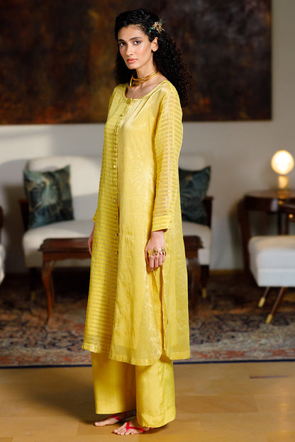 Women's Yellow Organza Zari Woven Stripe Festive Co-ord Set