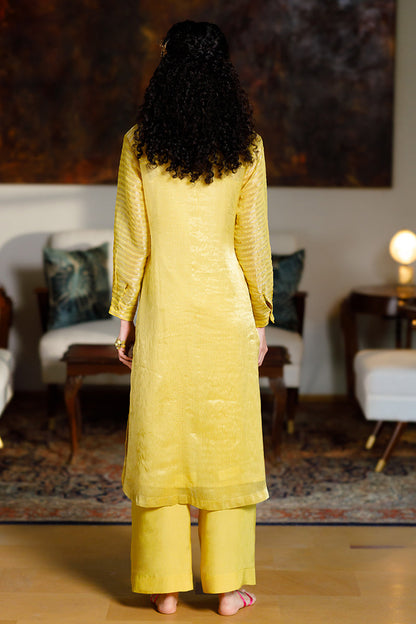 Women's Yellow Organza Zari Woven Stripe Festive Co-ord Set