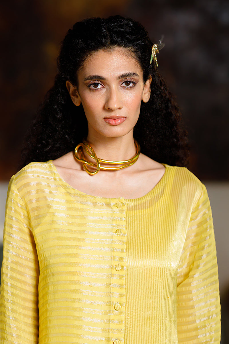 Women's Yellow Organza Zari Woven Stripe Festive Co-ord Set