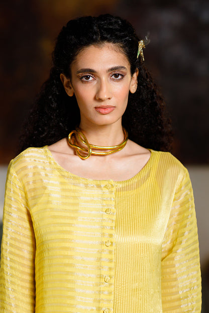 Women's Yellow Organza Zari Woven Stripe Festive Co-ord Set