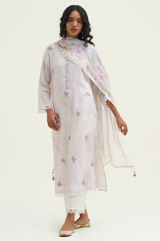 Women's Orchid Tint Cotton Linen Printed and Embroidered Salwar Suit