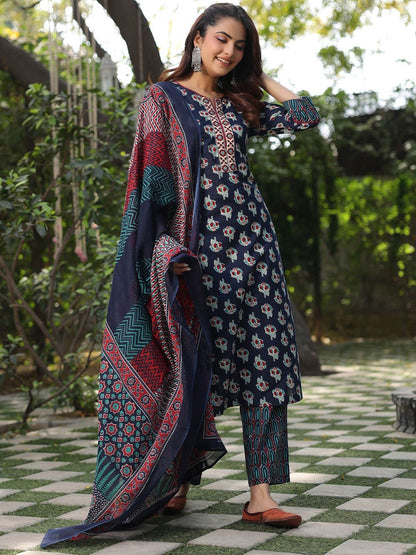 Dhiyona RR Women's Floral Printed Pure Cotton Straight Kurta With Trouser & Dupatta