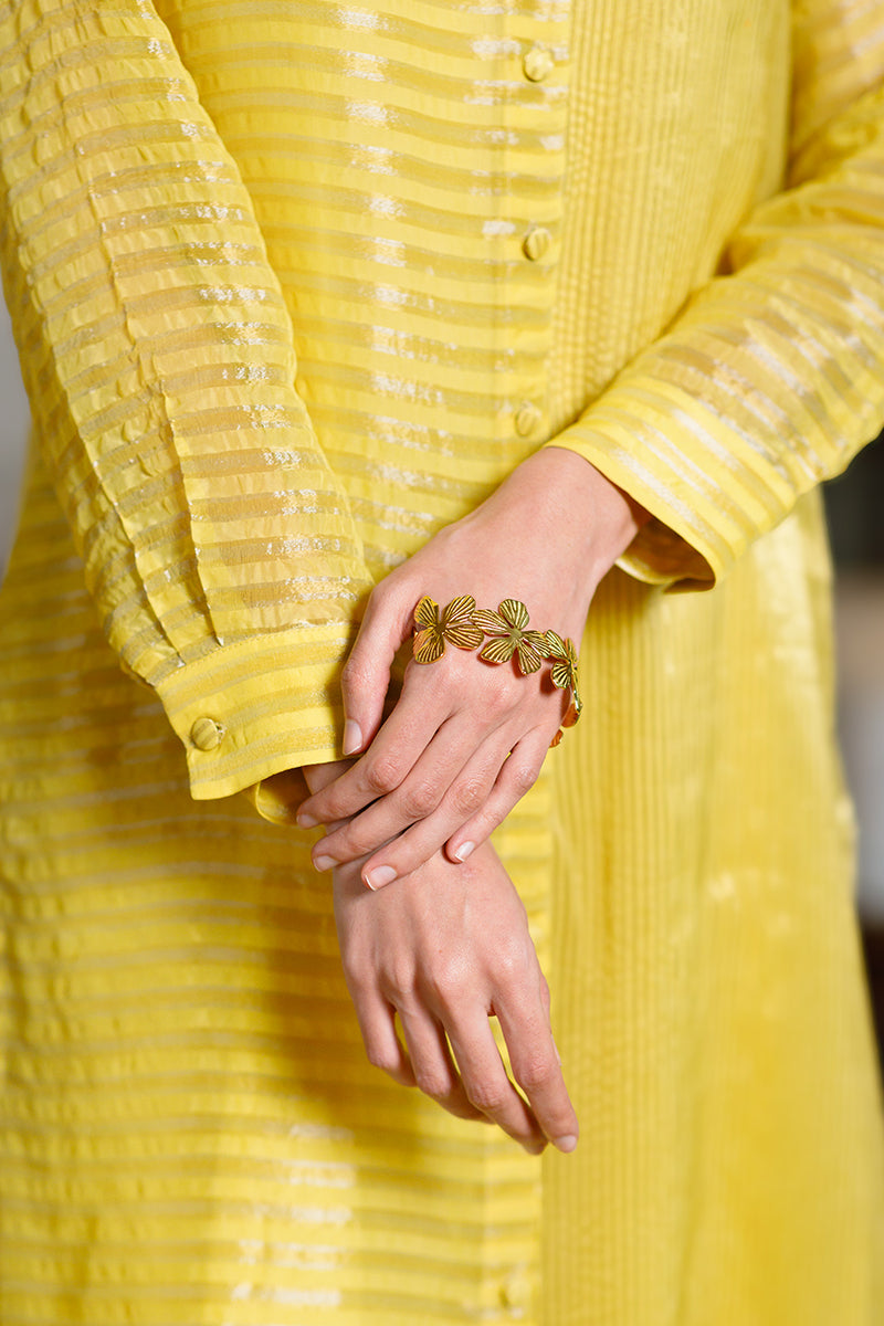 Women's Yellow Organza Zari Woven Stripe Festive Co-ord Set