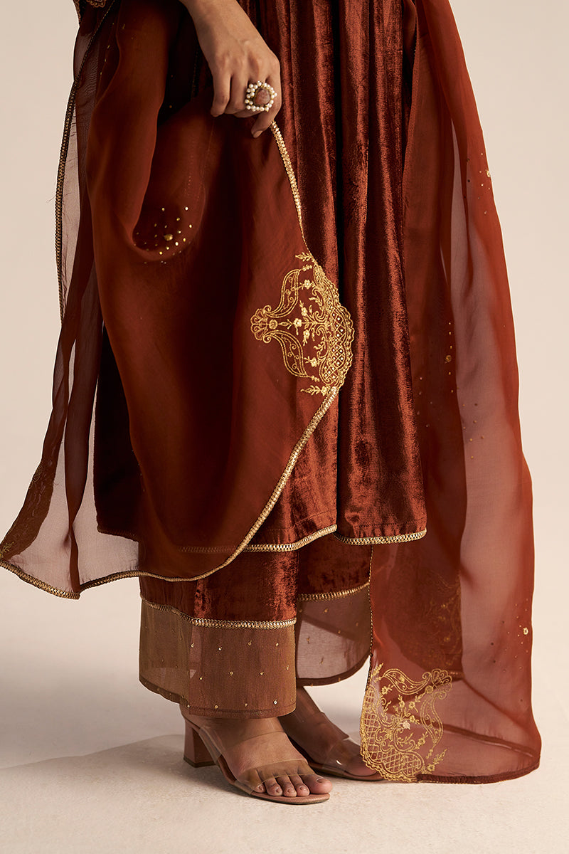 fornt leg view Sequoia Brown Velvet Festive Kurta Set