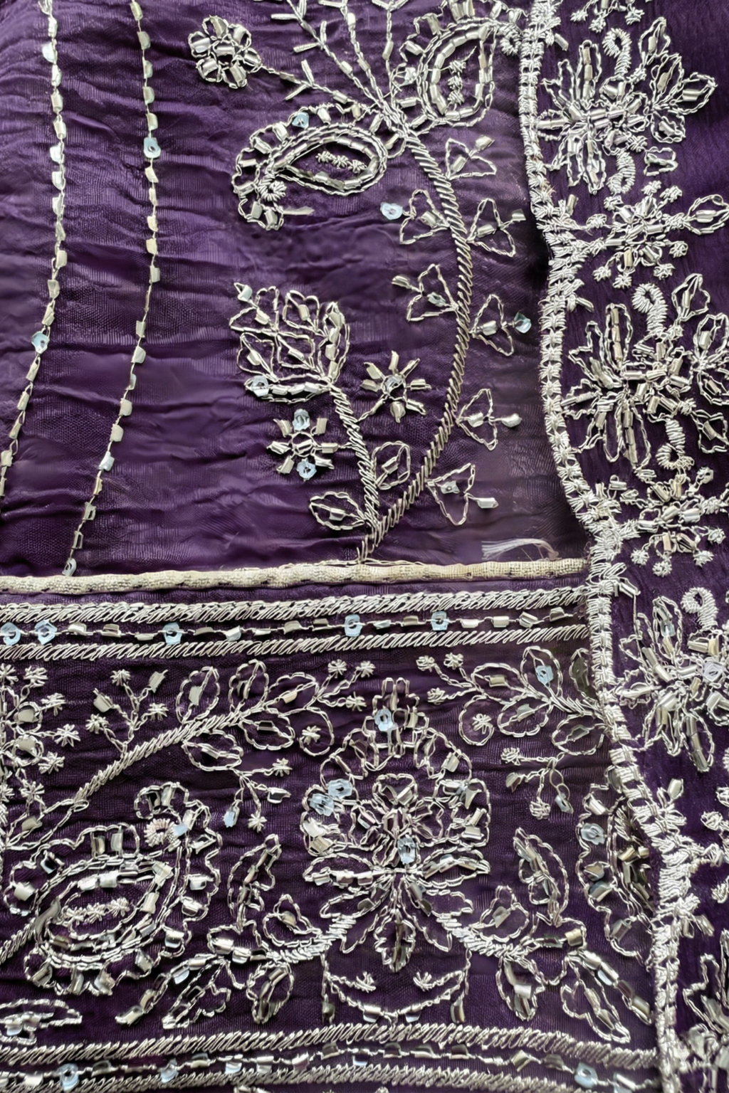 Dhiyona ST 3 Pc Unstitched Suit - Chiffon Purple hand Embroidered Beaded Kurta with Lining ,Dupatta and Bottom