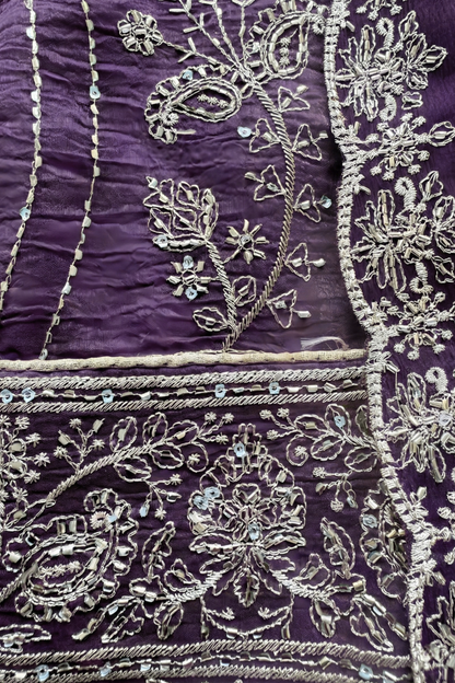 Dhiyona ST 3 Pc Unstitched Suit - Chiffon Purple hand Embroidered Beaded Kurta with Lining ,Dupatta and Bottom