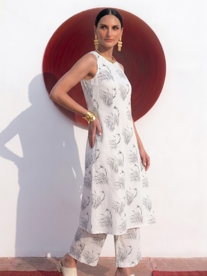 Dhiyona ST 2 pc SET - Husk Cream and Grey Printed Linen Sleeveless Kurta and Pant