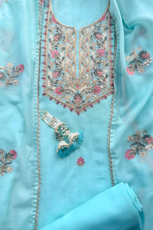 Dhiyona ST 3 Pc Unstitched Suit - Mul Light Blue Kashmiri Embroidery Kurta with Beads , Embroidered Dupatta and Bottom