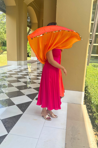 Dhiyona ST 3 pc Suit Set - Fuchsia Dual Satin Sleeveless Anarkali Suit with Pink Orange Dupatta and Pants