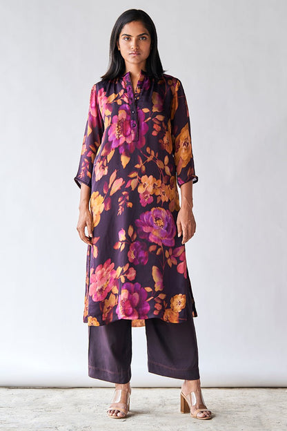 Women's Deep Plum Bemberg Kataan Silk Floral Printed Co-ord Set