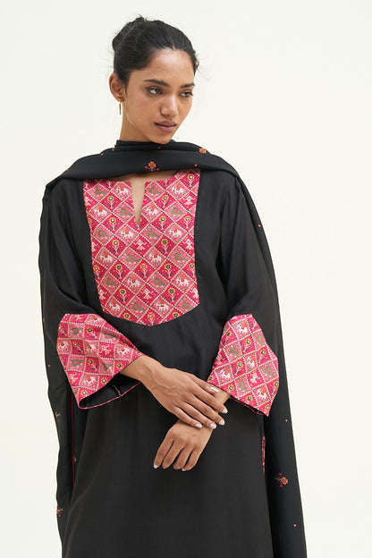 Women's Black Bermberg Silk Salwar Suit With Patola Patch Work