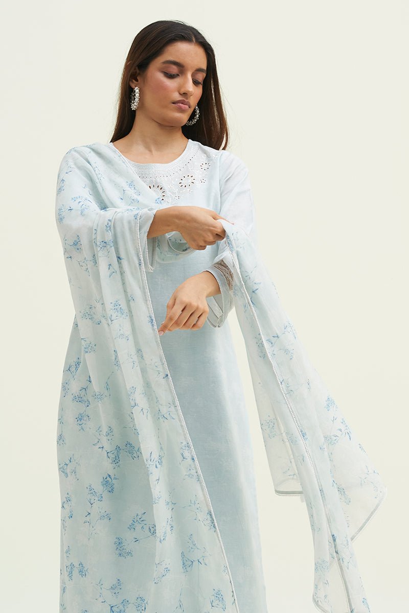 Women's Illusion Blue Cotton Linen Embroidered Salwar Suit