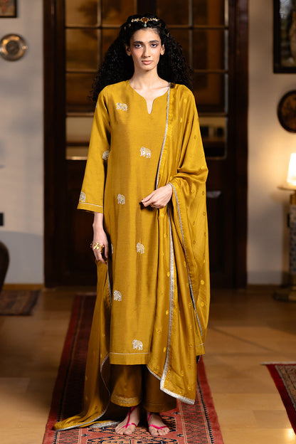 Women's Mustard Silk Embroidered Festive Kurta Set