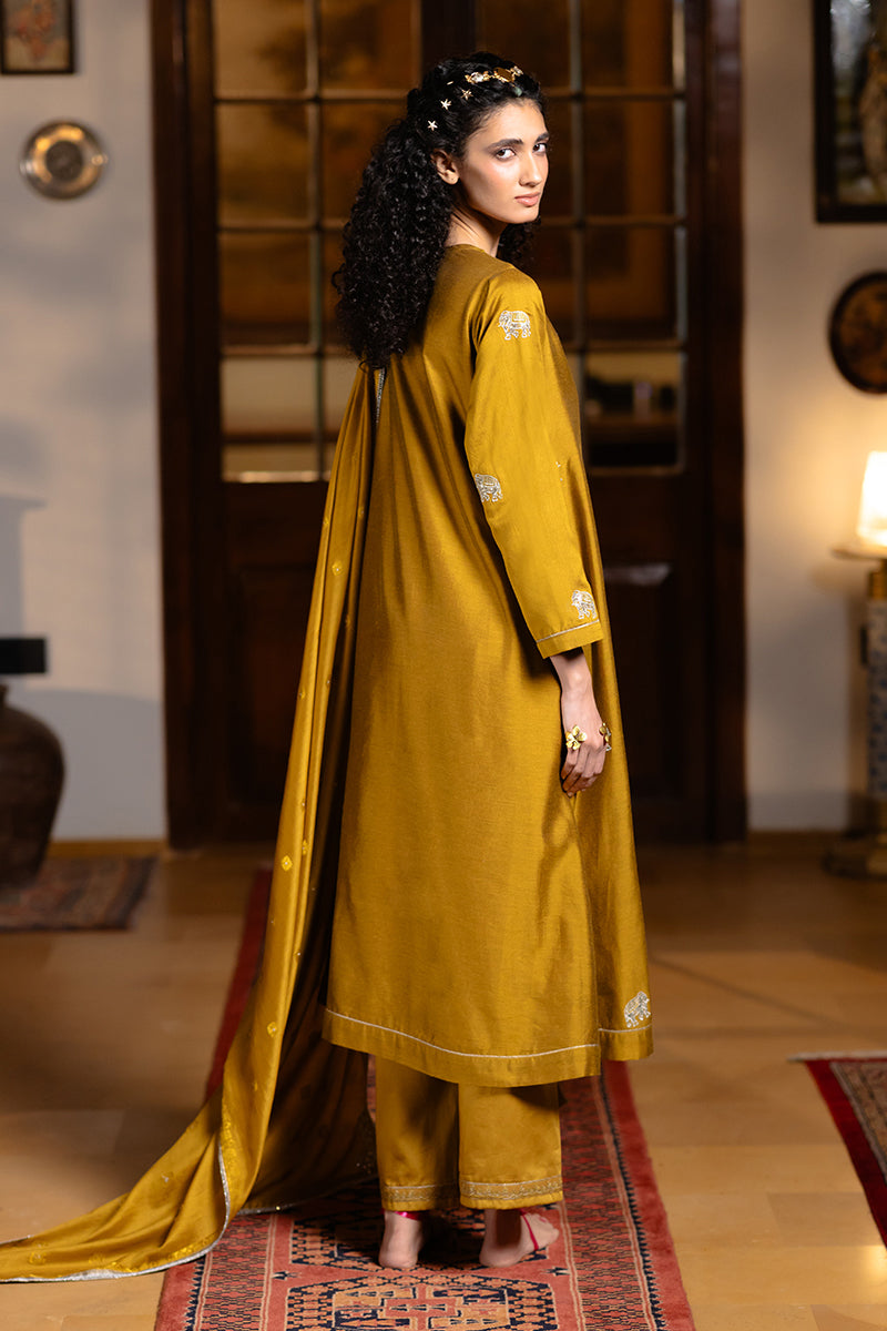 Women's Mustard Silk Embroidered Festive Kurta Set