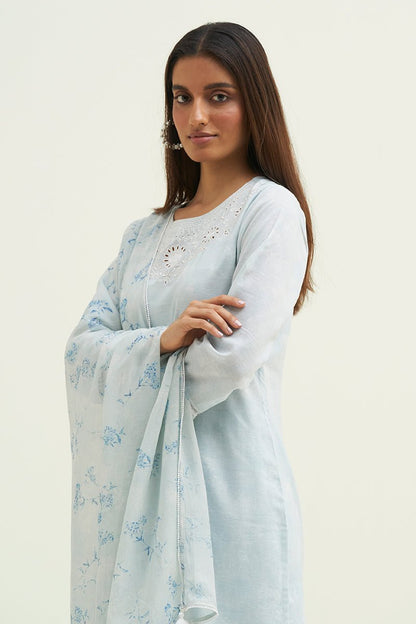 Women's Illusion Blue Cotton Linen Embroidered Salwar Suit