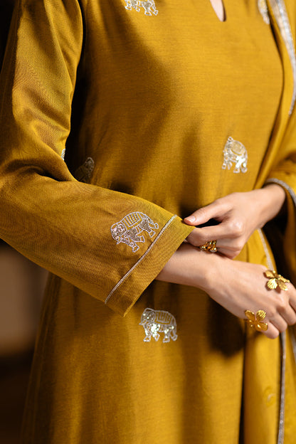 Women's Mustard Silk Embroidered Festive Kurta Set