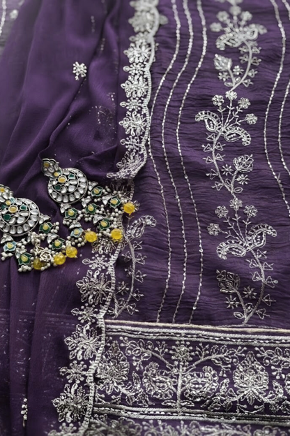 Dhiyona ST 3 Pc Unstitched Suit - Chiffon Purple hand Embroidered Beaded Kurta with Lining ,Dupatta and Bottom