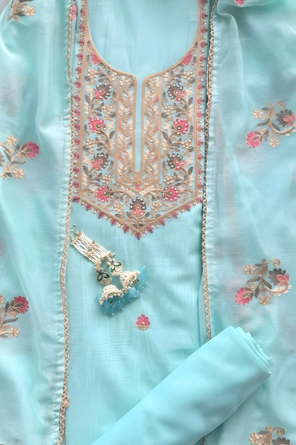 Dhiyona ST 3 Pc Unstitched Suit - Mul Light Blue Kashmiri Embroidery Kurta with Beads , Embroidered Dupatta and Bottom