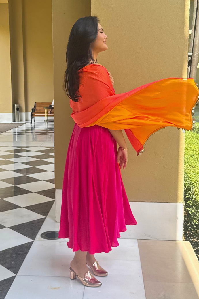 Dhiyona ST 3 pc Suit Set - Fuchsia Dual Satin Sleeveless Anarkali Suit with Pink Orange Dupatta and Pants