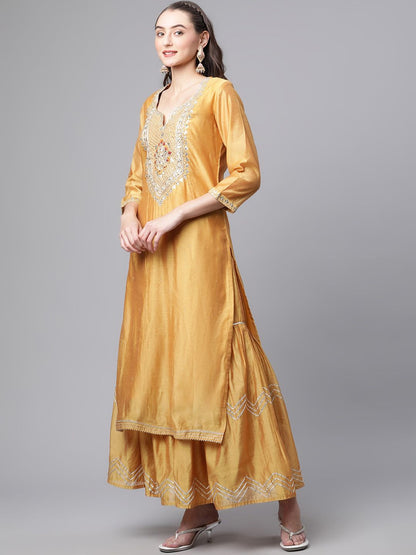 Dhiyona KL Floral Yoke Designed Regular Zari Chanderi Silk Kurta with Sharara & Dupatta