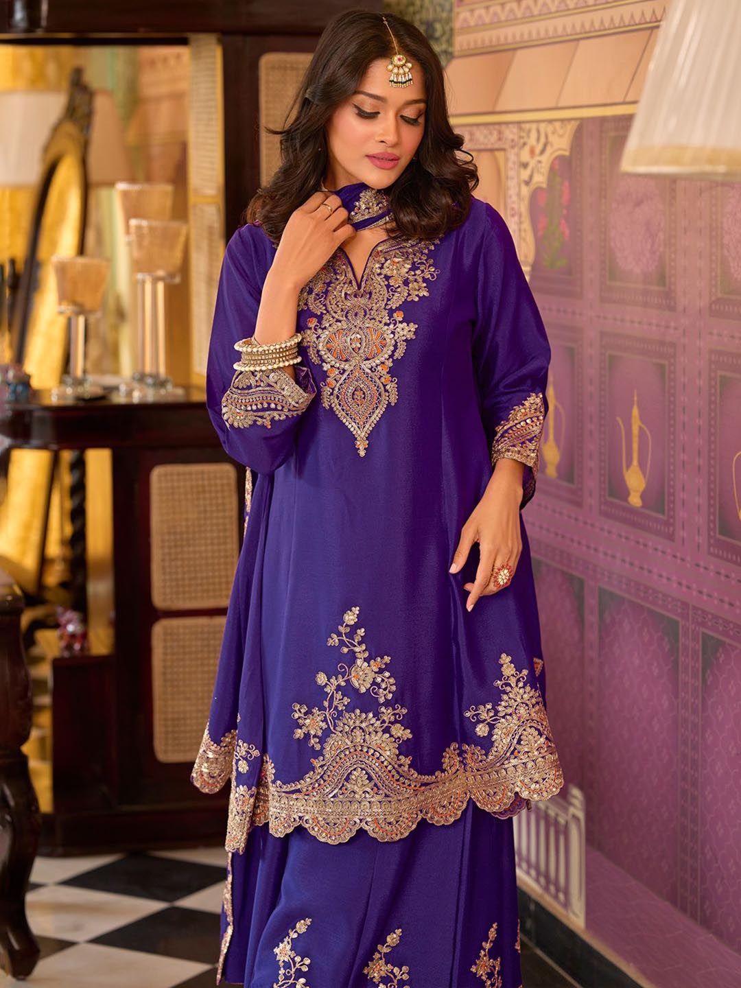 Dhiyona IE Floral Embroidered Sequinned Chinon A-Line Kurta With Palazzos & Dupatta