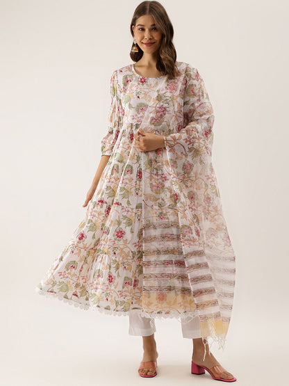 Dhiyona KL Floral Printed Puffed Sleeves Pure Cotton Anarkali Kurta & Trousers With Dupatta