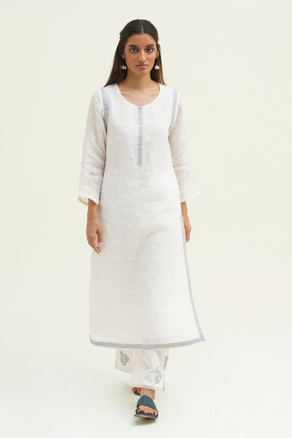 Women's White Linen Jacquard Co-ord Set