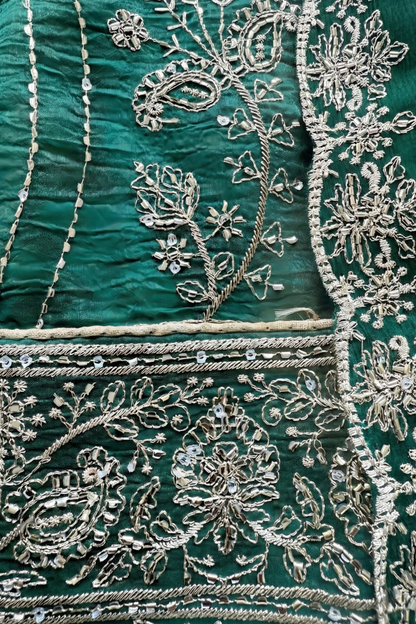 Dhiyona ST 3 Pc Unstitched Suit - Chiffon Turq  hand Embroidered Beaded Kurta with Lining ,Dupatta and Bottom