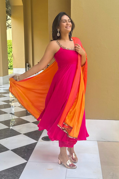 Dhiyona ST 3 pc Suit Set - Fuchsia Dual Satin Sleeveless Anarkali Suit with Pink Orange Dupatta and Pants