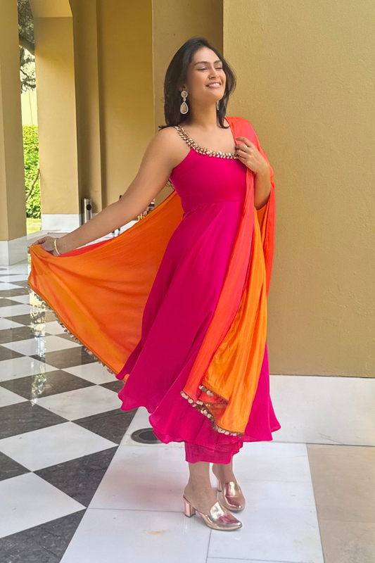 Dhiyona ST 3 pc Suit Set - Fuchsia Dual Satin Sleeveless Anarkali Suit with Pink Orange Dupatta and Pants
