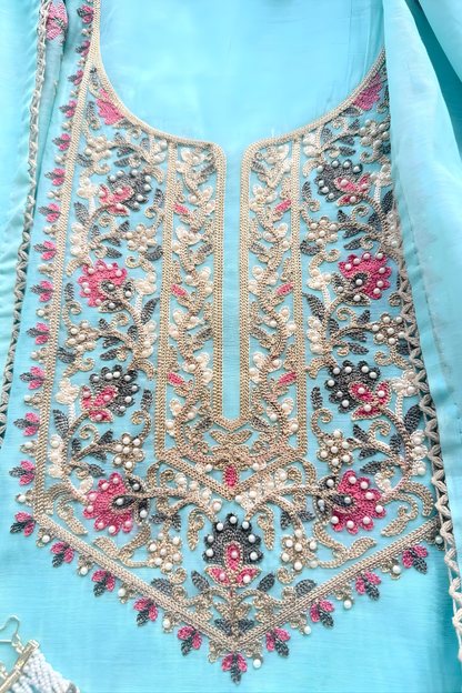 Dhiyona ST 3 Pc Unstitched Suit - Mul Light Blue Kashmiri Embroidery Kurta with Beads , Embroidered Dupatta and Bottom