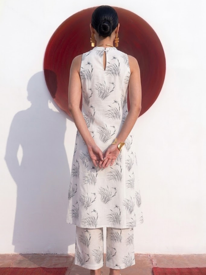 Dhiyona ST 2 pc SET - Husk Cream and Grey Printed Linen Sleeveless Kurta and Pant