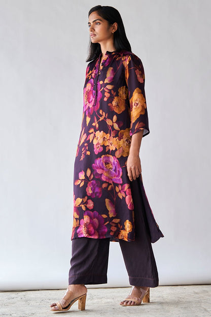 Women's Deep Plum Bemberg Kataan Silk Floral Printed Co-ord Set