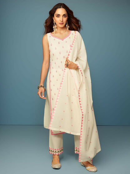 Women's LB Off White Embroidered Cotton Straight Suit With Dupatta