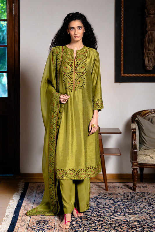 Women's Green Olive Raw Silk Festive Kurta Set