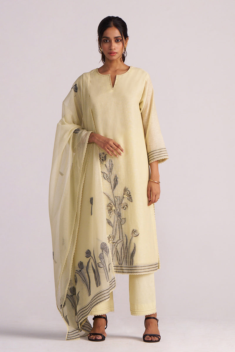 Dhiyona GF Women's Butter Yellow Chanderi Woven Kurta Set